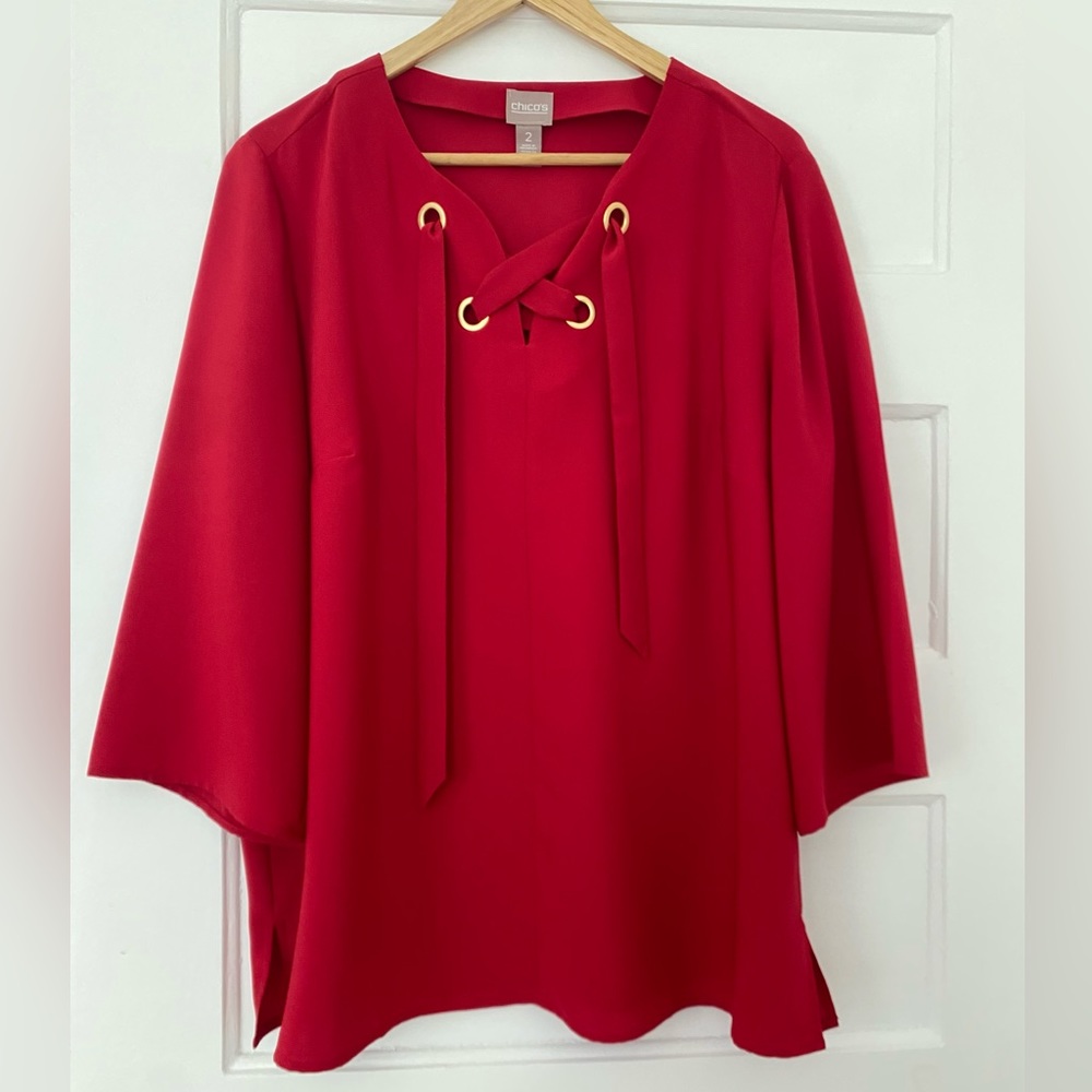 Chicos red luxe tunic top with gold details